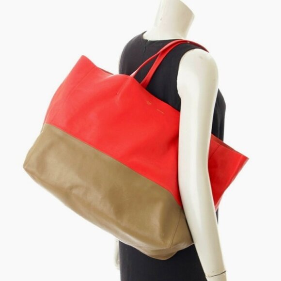 Celine Vertical HIPPO Horizontal Cabas bi-color Tote Red Brown - Picture 1 of 16